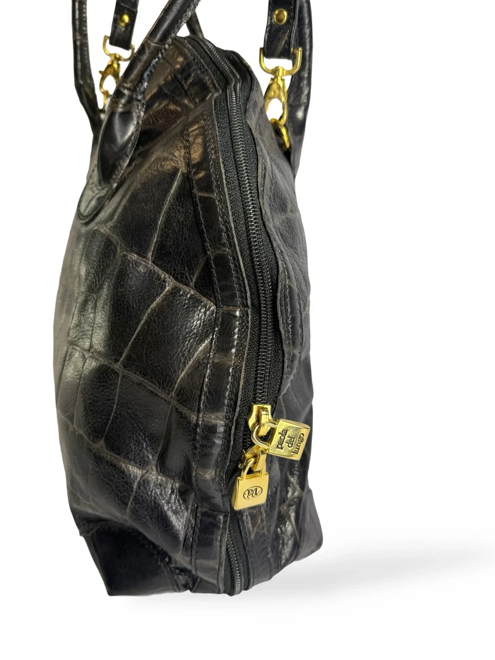 Black Croc-Embossed Dome Satchel with Dual Handles